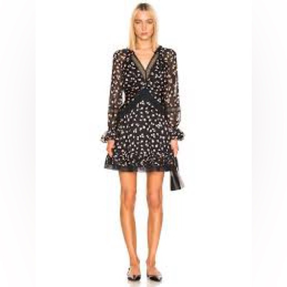 SELF PORTRAIT Twist Front Ditsy Dress Black Floral Long Sleeve Size 2 Small NWOT